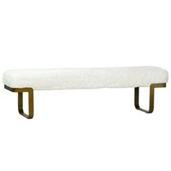 64" White Sherpa Bench With Brass Finish Legs Brown Solid Mid-Century Modern Contemporary Fabric Metal