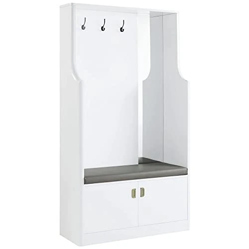 Benjara 76 Inch Coat Hanger, Shoe Storage With Bench, Cabinet, Mirror, White 3 Benjara 76 Inch Coat Hanger, Shoe Storage With Bench, Cabinet, Mirror, White