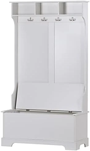 Knocbel Modern Entryway Coat Garment Rack Storage Bench, 3-in-1 Hall Tree With Top Compartments, Bottom Cabinet & 4 Hooks, 39.3" L X 18.5" W X 70.8" H (White) 5 Knocbel Modern Entryway Coat Garment Rack Storage Bench, 3-in-1 Hall Tree With Top Compartments, Bottom Cabinet & 4 Hooks, 39.3" L X 18.5" W X 70.8" H (White) - Image 3