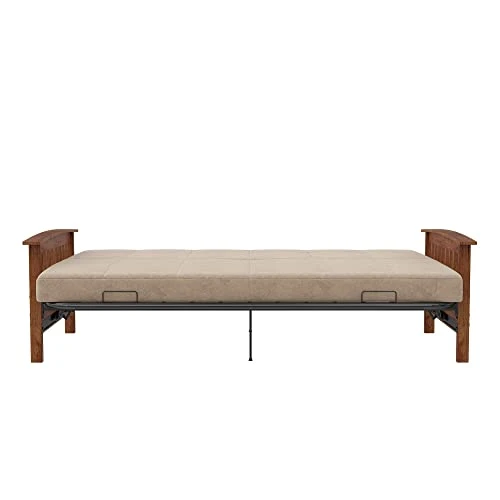DHP 2524349 Walnut Wood Arm Metal Futon Frame With 6-Inch Mattress, Tan 7 DHP 2524349 Walnut Wood Arm Metal Futon Frame With 6-Inch Mattress, Tan - Image 5