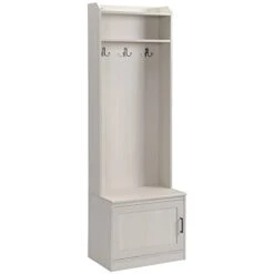 HOMCOM Rustic Hall Tree With Shoe Storage Bench, Entryway Bench With Coat Rack, Accent Coat Tree With Storage Shelves For Hallway, Mudroom, White Wood Grain