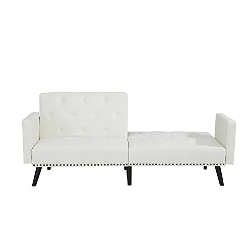 Tufted Split Back Futon, Mid Century Modern Convertible Sofa Bed For Small Rooms, Faux Leather Couch With Elegant Design, Perfect For Your Modern Living Room Or Guest Room - White, Faux Leather 9 Tufted Split Back Futon, Mid Century Modern Convertible Sofa Bed For Small Rooms, Faux Leather Couch With Elegant Design, Perfect For Your Modern Living Room Or Guest Room - White, Faux Leather - Image 7