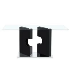 Pvillez Contemporary Glass Dining Table For 6, 63" Tempered Glass Top Dining Table W/High Gloss Wood Frame, Stainless Steel Pedestal Base, Rectangular Glass Dinner Kitchen Table For Dining Room Black -Amazon Store 21on7G3AYKL