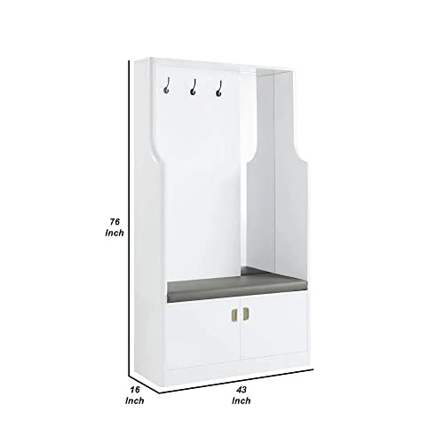 Benjara 76 Inch Coat Hanger, Shoe Storage With Bench, Cabinet, Mirror, White 6 Benjara 76 Inch Coat Hanger, Shoe Storage With Bench, Cabinet, Mirror, White - Image 4