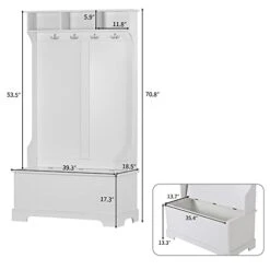 Actual 3-in-1 Design Coat Racks With 4 Hooks And Hinged Lid,Hall Tree With Storage Shoe Bench Coat Hanger, Entryway Bench,for Entrance/Hallway (White), 39.3 L X 18.5 W X 70.8 InchH