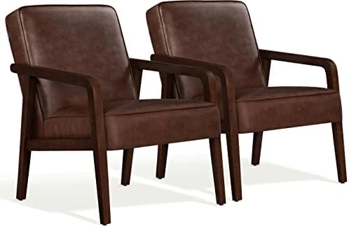 Yaheetech PU Leather Accent Chair, Mid-Century Modern Barrel Chair With Wooden Frame And Soft Thick Padded For Living Room Bedroom Home Office, Set Of 2, Dark Brown 10 Yaheetech PU Leather Accent Chair, Mid-Century Modern Barrel Chair With Wooden Frame And Soft Thick Padded For Living Room Bedroom Home Office, Set Of 2, Dark Brown - Image 8