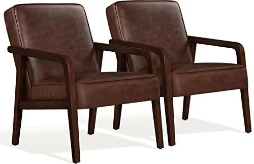 Yaheetech PU Leather Accent Chair, Mid-Century Modern Barrel Chair With Wooden Frame And Soft Thick Padded For Living Room Bedroom Home Office, Set Of 2, Dark Brown 3 Yaheetech PU Leather Accent Chair, Mid-Century Modern Barrel Chair With Wooden Frame And Soft Thick Padded For Living Room Bedroom Home Office, Set Of 2, Dark Brown