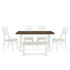 Merax Dining Table Set For 6, Wood Counter Height With Upholstered Chairs And Bench, Farmhouse Style Suitable For Family Gatherings, 59" X 35.4", White -Amazon Store 312dSioEB0L
