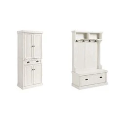 Crosley Furniture Seaside Kitchen Pantry Cabinet - Distressed White & Seaside Hall Tree - Distressed White