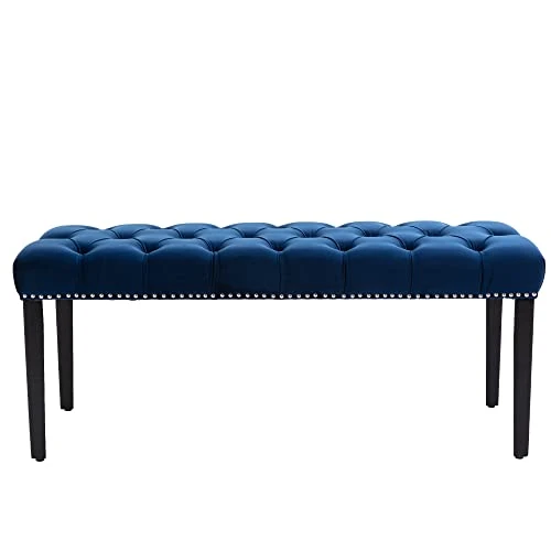 Yoluckea Modern Velvet Bench Upholstered Ottoman Dining Bench With Nailhead Trim Tufted Footstool For Entryway Bedroom Kitchen Dining Table (Blue) 6 Yoluckea Modern Velvet Bench Upholstered Ottoman Dining Bench With Nailhead Trim Tufted Footstool For Entryway Bedroom Kitchen Dining Table (Blue) - Image 4