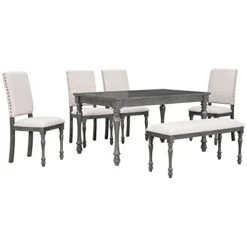 Merax 6-Piece Wood Rectangular Table Set With Turned Legs, 4 Upholstered Chairs And Bench For Dining Room, Grey+Beige_6pcs -Amazon Store 314n13Bz2gL