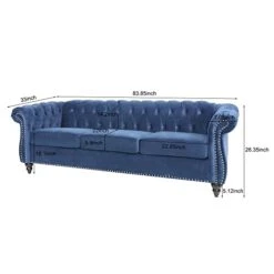 ONCIN Velvet Chesterfield Sofa, 84'' Modern Tufted 3 Seater Couch With Scroll Arms And Wood Legs For Living Room Bedroom (Blue), Blue Velvet, 84 In Chesterfield Sofa