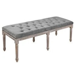 HOMCOM Sitting Bench Tufted Upholstered Fabric Ottoman With Rubberwood Legs For Living Room, Bedroom, Hallway, Grey