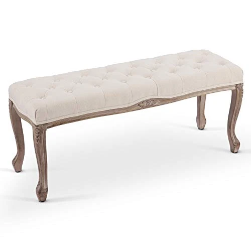 VONLUCE French Vintage Bench With Padded Seat & Rubberwood Legs, 44" Upholstered Entryway Bench & Dining Bench, Tufted Fabric End Of Bed Bench For Bedroom Living Room Hallway More, Beige 3 VONLUCE French Vintage Bench With Padded Seat & Rubberwood Legs, 44" Upholstered Entryway Bench & Dining Bench, Tufted Fabric End Of Bed Bench For Bedroom Living Room Hallway More, Beige