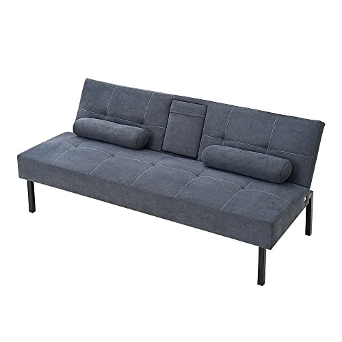 Panana Futon Sofa Bed Linen Fabric Upholstered Modern Convertible Folding Futon Sofa Bed Daybed Guest Bed, 5 Angles Adjustable, 2 Cup-Holders (Grey) 9 Panana Futon Sofa Bed Linen Fabric Upholstered Modern Convertible Folding Futon Sofa Bed Daybed Guest Bed, 5 Angles Adjustable, 2 Cup-Holders (Grey) - Image 7