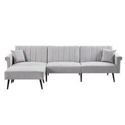 GENERIC L-Shape Sectional Sofa With Ottoman Elegant Line Design Folding Futon Bed Nailhead Trim Grey Cabin Lodge Mid-Century Modern Solid Velvet Handmade -Amazon Store 315jxtcEjRL