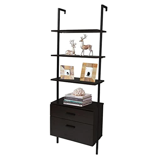 HOYOC 71" Industrial Bookshelf, 5-Tier Wood Wall Mounted Ladder Shelf Bookshelf With 2 Drawers And Matte Steel Frame Open Display Rack For Bedroom,Home Office,Collection,Plant Flower 3 HOYOC 71" Industrial Bookshelf, 5-Tier Wood Wall Mounted Ladder Shelf Bookshelf With 2 Drawers And Matte Steel Frame Open Display Rack For Bedroom,Home Office,Collection,Plant Flower