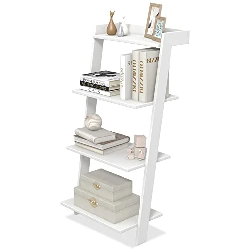 LOKO 4-Tier Ladder Shelf, 43” Tall Wooden Leaning Bookshelf Display Rack, Modern Ladder Bookshelf With Anti-Tipping Device And Top Raised Edge For Living Room, Study, Balcony (White) 3 LOKO 4-Tier Ladder Shelf, 43” Tall Wooden Leaning Bookshelf Display Rack, Modern Ladder Bookshelf With Anti-Tipping Device And Top Raised Edge For Living Room, Study, Balcony (White)
