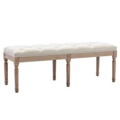 GOOLON French Bench Rectangle Ottoman Upholstered Padded Bench End Of Bed Ottoman Button Tufted With Carved Wood, For Bedroom Entryway Living Room Dining Room, Beige