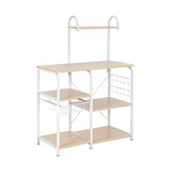 Tesmula Light Beige Kitchen Baker's Rack Utility Storage Shelf 35.5" Microwave Stand 4-Tier 3-Tier Shelf For Organizer Workstation With 10 Hooks For Household