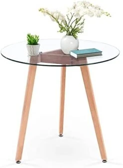 Ivinta Round Glass Dining Table, Modern Leisure Table With Wood Legs For Kitchen Dining Room Living Room, Accent Table Small Tea Table For 2, Space Saving, 31.5 Inch -Amazon Store 318XdtukBoL. AC