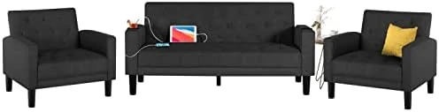 TYBOATLE Mid-Century Modern Living Room Sectional Sofa Sets 3 Pieces, Tufted Linen Fabric USB Loveseat Couch W/ 2 Cupholders And 2 Accent Armchairs For Living Room, Bedroom, Apartment (Dark Grey) 10 TYBOATLE Mid-Century Modern Living Room Sectional Sofa Sets 3 Pieces, Tufted Linen Fabric USB Loveseat Couch W/ 2 Cupholders And 2 Accent Armchairs For Living Room, Bedroom, Apartment (Dark Grey) - Image 8