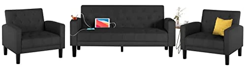 TYBOATLE Mid-Century Modern Living Room Sectional Sofa Sets 3 Pieces, Tufted Linen Fabric USB Loveseat Couch W/ 2 Cupholders And 2 Accent Armchairs For Living Room, Bedroom, Apartment (Dark Grey) 3 TYBOATLE Mid-Century Modern Living Room Sectional Sofa Sets 3 Pieces, Tufted Linen Fabric USB Loveseat Couch W/ 2 Cupholders And 2 Accent Armchairs For Living Room, Bedroom, Apartment (Dark Grey)