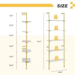 MELLCOM 5 Tier Industrial Ladder Shelf, Wood Modern Bookshelf With Golden Metal Frame, Wall-Mounted Plant Flower Storage Organizer For Living Room, Bathroom, Kitchen, Balcony 15 MELLCOM 5 Tier Industrial Ladder Shelf, Wood Modern Bookshelf With Golden Metal Frame, Wall-Mounted Plant Flower Storage Organizer For Living Room, Bathroom, Kitchen, Balcony -Amazon Store 31A3z2jF0CL
