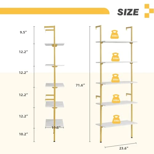 MELLCOM 5 Tier Industrial Ladder Shelf, Wood Modern Bookshelf With Golden Metal Frame, Wall-Mounted Plant Flower Storage Organizer For Living Room, Bathroom, Kitchen, Balcony 5 MELLCOM 5 Tier Industrial Ladder Shelf, Wood Modern Bookshelf With Golden Metal Frame, Wall-Mounted Plant Flower Storage Organizer For Living Room, Bathroom, Kitchen, Balcony - Image 3