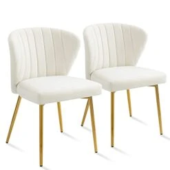 ANOUR Modern Dining Chairs, Velvet Accent Chair, Living Room Chairs, Set Of 2, Upholstered Side Chair With Golden Metal Legs For Dining Room Kitchen Vanity Patio (White, 2 Pack)
