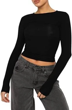 Women Slim Fit Crop Top Long Sleeve Crew Neck Basic T-Shirts With Thumb Holes Sexy Solid Pullover Blouse Top Tee Tops 29 Women Slim Fit Crop Top Long Sleeve Crew Neck Basic T-Shirts With Thumb Holes Sexy Solid Pullover Blouse Top Tee Tops -Amazon Store 31Ap3C1U6ZL. AC 2