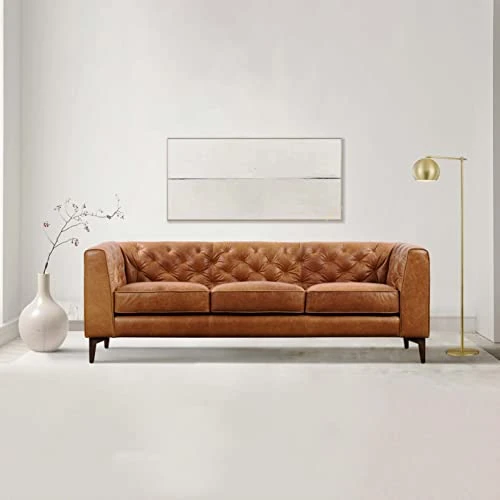POLY & BARK Essex Leather Couch – 89-Inch Leather Sofa With Tufted Back - Full Grain Leather Couch With Feather-Down Topper On Seating Surfaces – Vintage Pure-Aniline Italian Leather – Cognac Tan 5 POLY & BARK Essex Leather Couch – 89-Inch Leather Sofa With Tufted Back - Full Grain Leather Couch With Feather-Down Topper On Seating Surfaces – Vintage Pure-Aniline Italian Leather – Cognac Tan - Image 3