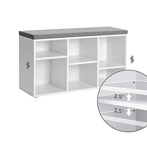 VASAGLE Shoe Bench, Shoe Storage Organizer With 6 Compartments And 3 Adjustable Shelves, Cushioned Seat, Compact And Narrow, For Entryway, Hallway, Closet, White And Gray ULHS23WT 4 VASAGLE Shoe Bench, Shoe Storage Organizer With 6 Compartments And 3 Adjustable Shelves, Cushioned Seat, Compact And Narrow, For Entryway, Hallway, Closet, White And Gray ULHS23WT - Image 2