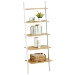 MDesign 5-Tier Leaning Ladder Bookshelf - Rustic Ladder-Style Shelf Bookcase - Decorative Slanted Storage Rack W/Composite Wood Shelves For Bathroom, Living Room - Ladder Shelves - White/Modern Oak