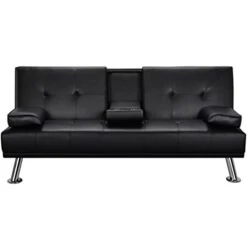 TJLSS Faux Leather Futon Multifunctional Convertible Folding Bed Sofa With Cupholders Pillows