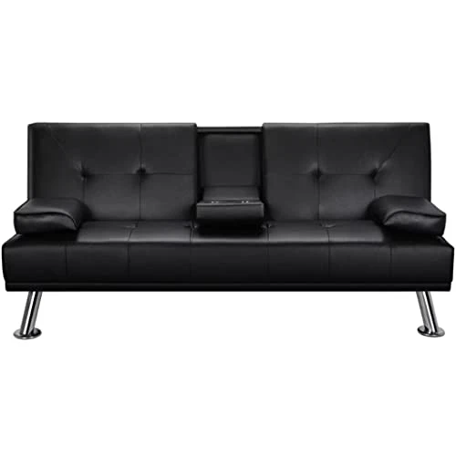 TJLSS Faux Leather Futon Multifunctional Convertible Folding Bed Sofa With Cupholders Pillows 3 TJLSS Faux Leather Futon Multifunctional Convertible Folding Bed Sofa With Cupholders Pillows