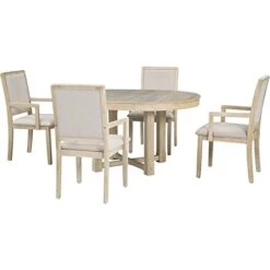 Merax 5-Piece Furniture Set, Round To Oval Extendable Butterfly Leaf Wood Dining Table And 4 Upholstered Chairs With Armrests, 5pcs, Natural -Amazon Store 31CURrExUBL