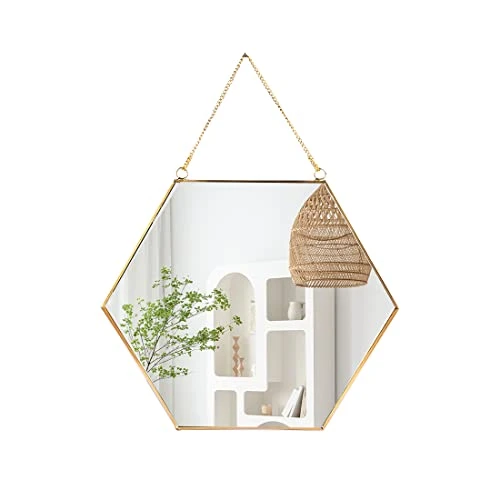 LONGWIN Hanging Wall Hexagon Mirror Decor Gold Geometric Mirror With Chain For Bathroom Bedroom Living Room 9.4"x 8.2" 3 LONGWIN Hanging Wall Hexagon Mirror Decor Gold Geometric Mirror With Chain For Bathroom Bedroom Living Room 9.4"x 8.2"
