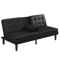 CDYD Futon With Cupholder, Black Convertible Folding Bed Sofa