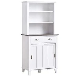 HOMCOM 67" Freestanding Buffet With Hutch, Kitchen Pantry Storage Cabinet With Sliding Doors, Drawers And Open Shelves, Adjustable Shelving, White