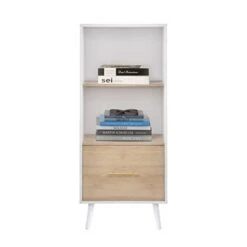 Giluta Mid-Century Bookcase With Drawer, 2-Tier Bookshelf Wine Cupboard Storage Cabinet, Record Player Stand, Kitchen Sideboard Buffet Cabinet For Small Space In White And Oak Finish -Amazon Store 31Djl062ZTL