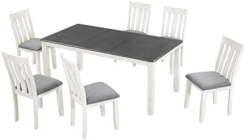 CITYLIGHT 7 Pieces Dining Table Set, Rustic Kitchen Furniture Set, Counter Height Farmhouse Wood Dining Table Set With 6 Upholstered Dining Chairs, White+Walnut+Beige 14 CITYLIGHT 7 Pieces Dining Table Set, Rustic Kitchen Furniture Set, Counter Height Farmhouse Wood Dining Table Set With 6 Upholstered Dining Chairs, White+Walnut+Beige - Image 12