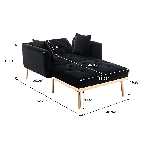 ONCIN Velvet Chaise Lounge Indoor Chair, Modern Tufted Sofa Convertible Recliner With Adjustable Backrest And 2 Pillows For Living Room, Bedroom, Office (Black), 62.2'' 6 ONCIN Velvet Chaise Lounge Indoor Chair, Modern Tufted Sofa Convertible Recliner With Adjustable Backrest And 2 Pillows For Living Room, Bedroom, Office (Black), 62.2'' - Image 4