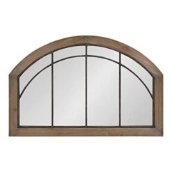 Kate And Laurel Haldron Traditional Wood Arch Mirror, 24" X 36", Rustic Brown, Shabby-Chic Rustic Windowpane Mirror With Decorative Metal Fretwork