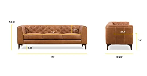 POLY & BARK Essex Leather Couch – 89-Inch Leather Sofa With Tufted Back - Full Grain Leather Couch With Feather-Down Topper On Seating Surfaces – Vintage Pure-Aniline Italian Leather – Cognac Tan 7 POLY & BARK Essex Leather Couch – 89-Inch Leather Sofa With Tufted Back - Full Grain Leather Couch With Feather-Down Topper On Seating Surfaces – Vintage Pure-Aniline Italian Leather – Cognac Tan - Image 5