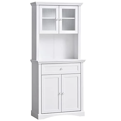 HOMCOM 71" Traditional Freestanding Kitchen Buffet With Hutch, Pantry Cabinet With 4 Doors, 3-Level Adjustable Shelves, And 1 Drawer, White 3 HOMCOM 71" Traditional Freestanding Kitchen Buffet With Hutch, Pantry Cabinet With 4 Doors, 3-Level Adjustable Shelves, And 1 Drawer, White