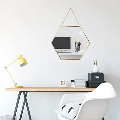 LONGWIN Hanging Wall Hexagon Mirror Decor Gold Geometric Mirror With Chain For Bathroom Bedroom Living Room 9.4"x 8.2" 5 LONGWIN Hanging Wall Hexagon Mirror Decor Gold Geometric Mirror With Chain For Bathroom Bedroom Living Room 9.4"x 8.2" - Image 3