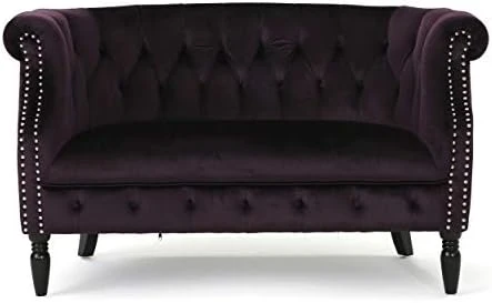 GDFStudio Melaina Tufted Chesterfield Velvet Loveseat With Scrolled Arms, BlackBerry And Dark Brown 9 GDFStudio Melaina Tufted Chesterfield Velvet Loveseat With Scrolled Arms, BlackBerry And Dark Brown - Image 7