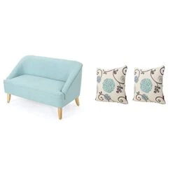 Christopher Knight Home Justus Mid-Century Modern Fabric Loveseat, Light Blue/Natural & Ippolito Fabric Pillows, 2-Pcs Set, White And Blue Floral