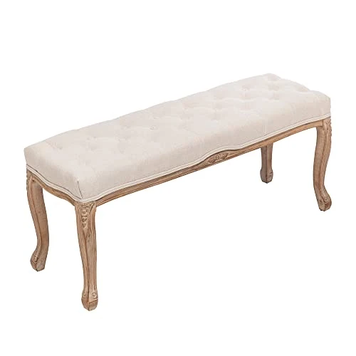 XRHOM Foot Stools Ottoman Entryway Bench Vanity Stool Shoe Bench Upholstered Dining Room Bench Foot Rest With Carved Pattern Solid Rubber Wood Legs For Bedroom, Beige 3 XRHOM Foot Stools Ottoman Entryway Bench Vanity Stool Shoe Bench Upholstered Dining Room Bench Foot Rest With Carved Pattern Solid Rubber Wood Legs For Bedroom, Beige